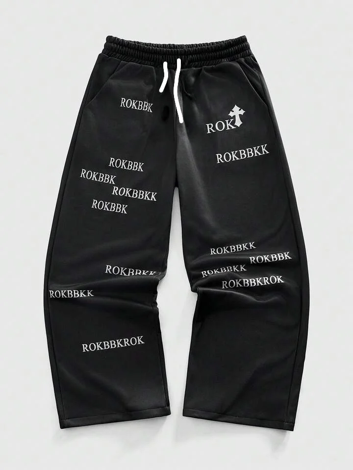 New Model Men Gothic Vertical Graphic Wide Leg Sweatpants Drawstring Loose Straight Baggy Y2K Dark Punk Streetwear Pants.