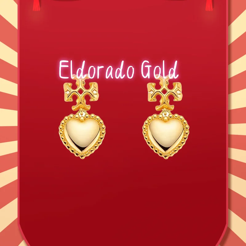 

2025 9999 Real Gold 24K French Light Luxury High-end Love Earrings Niche Retro Temperament 925 Silver Needle Gold Love Stud Earr