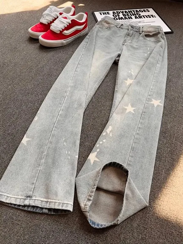

American Retro Star Denim Jeans Men's Trendy Loose Straight Leg Bell Bot High Street Design Spring Autumn Wear
