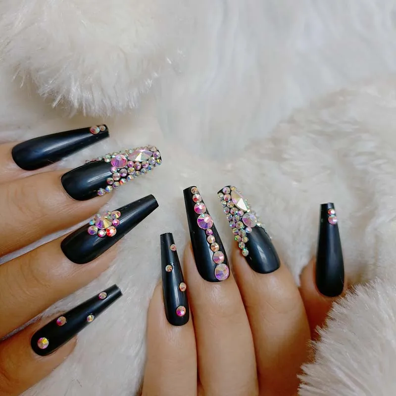 24pcs 2025 Internet celebrity style coffin fake nails black press on nails crystal diamond Festival party gifts