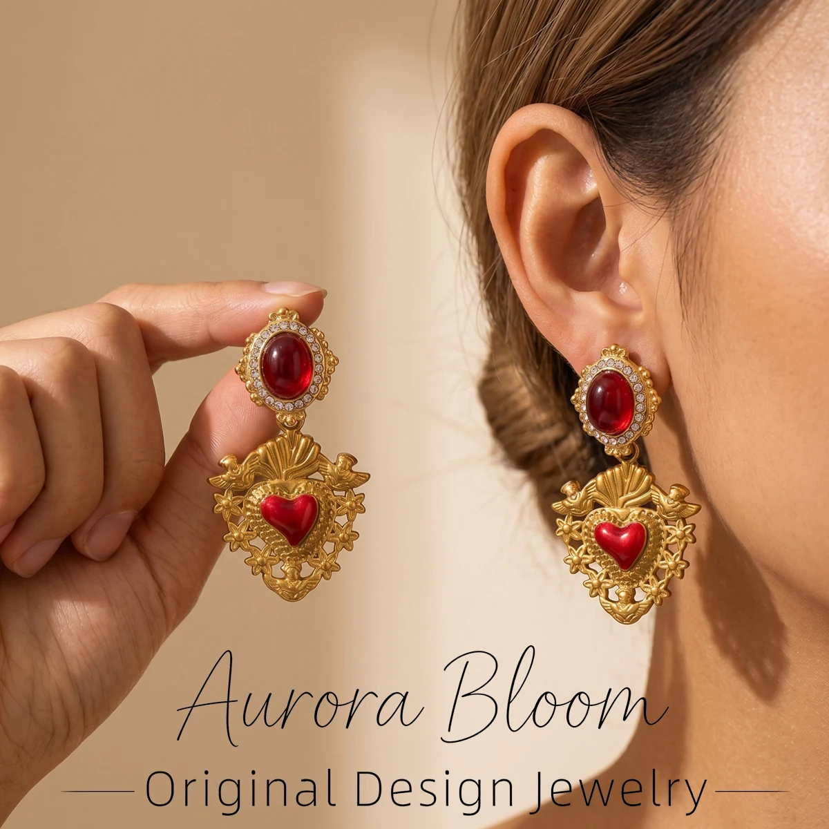 

AURORA Trend Heart-Shaped Pendant Earrings For Women's Red Enamel Charm Earrings Luxury Stainless Steel Jewelry Decoration