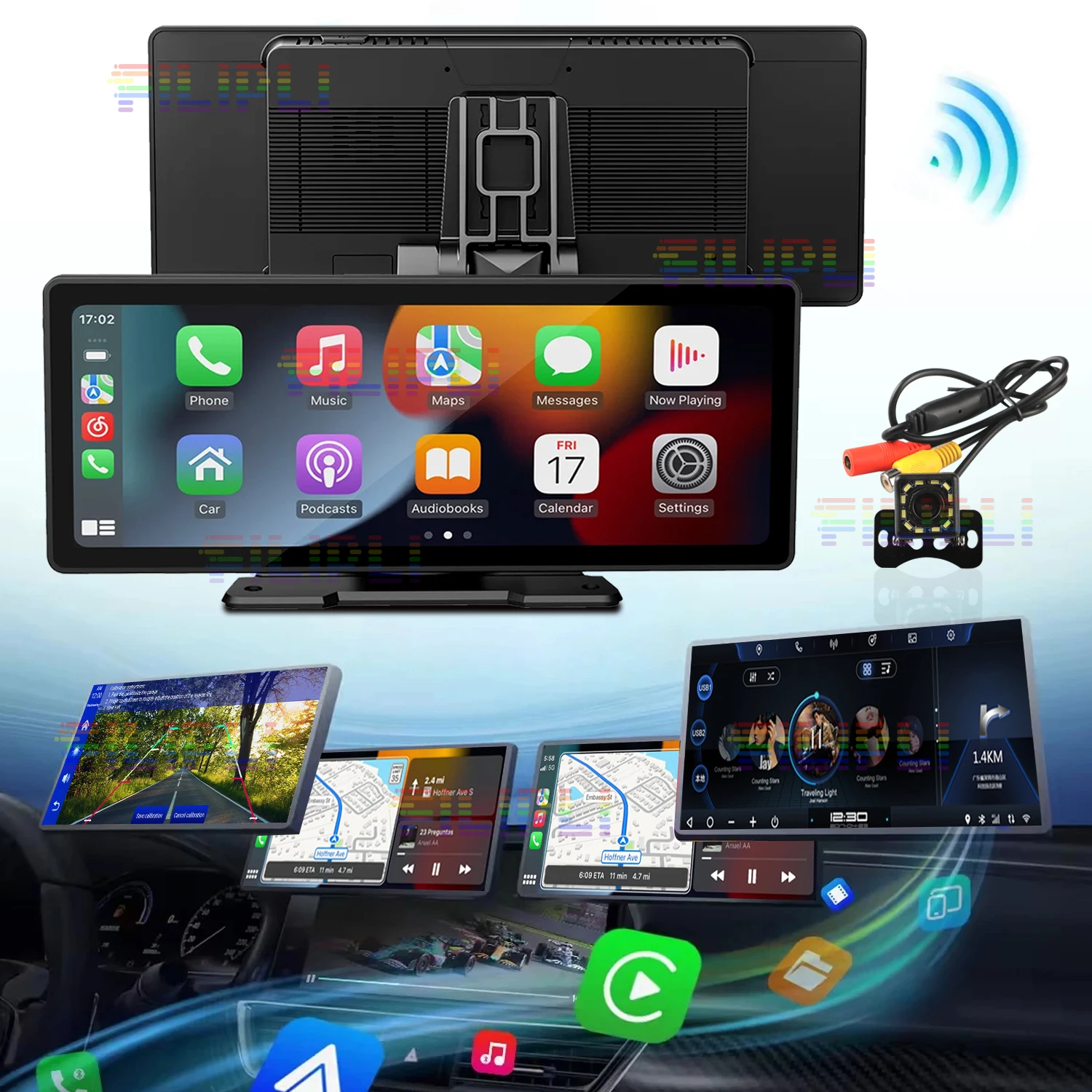 Universal Multimedia Car Radio, Apple Carplay, Android Auto, WiFi Video Player, Câmera sem fio, Bluetooth, FM, AUX, 10,26 na tela