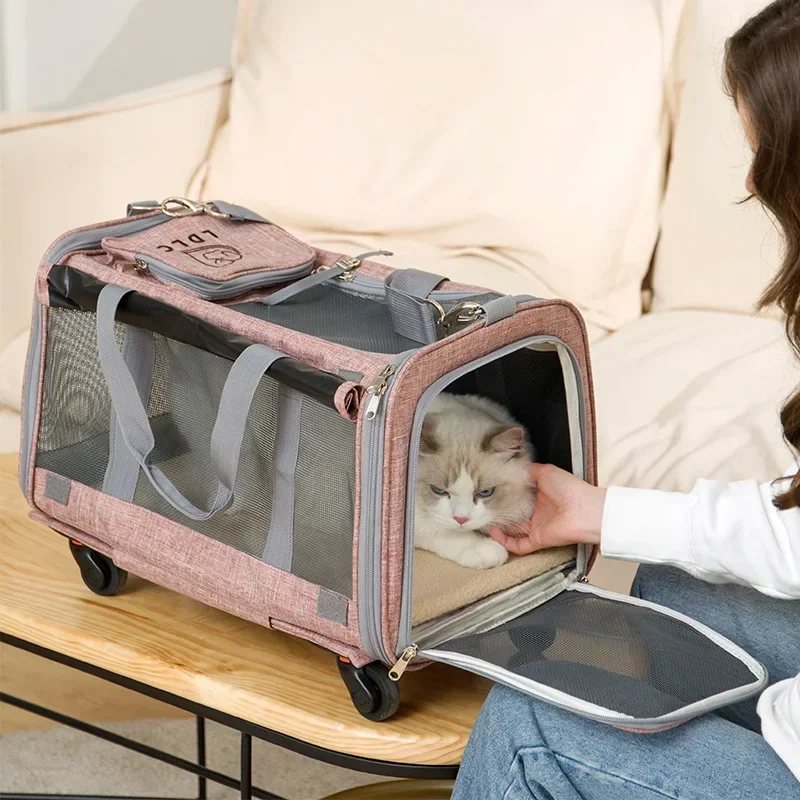 Foldable Detachable Pet Trolley Case Large Space Suitcase Cat Dog Shoulder Bag Handbag Travel Luggage Breathable Wheel Stroller