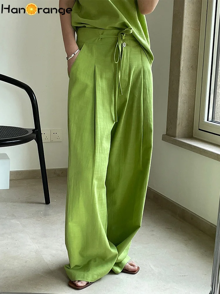 

Брюки HanOrange 2026 летние, повседневные, из чистого хлопка, с поясом, с высокой талией, широкие, женские, свободные, зеленые, бежевые
