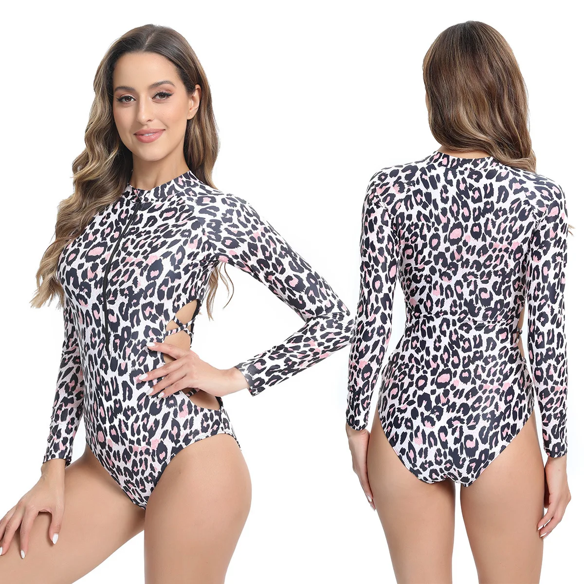 سراويل ضيقة جديدة من قطعة واحدة بسحاب وأكمام طويلة لعام 2025 مع طباعة الفهد على كلا الجانبين، ملابس سباحة نسائية للتدريب على السباق