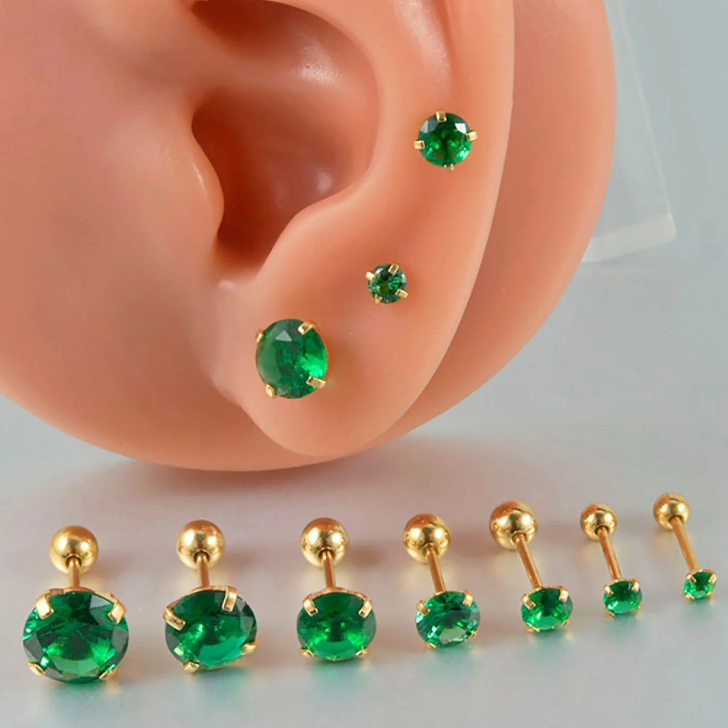 1PC Emerald green stud earrings May Birthstone studs Golden stud earrings tiny stud earrings small studs cartilage helix earring