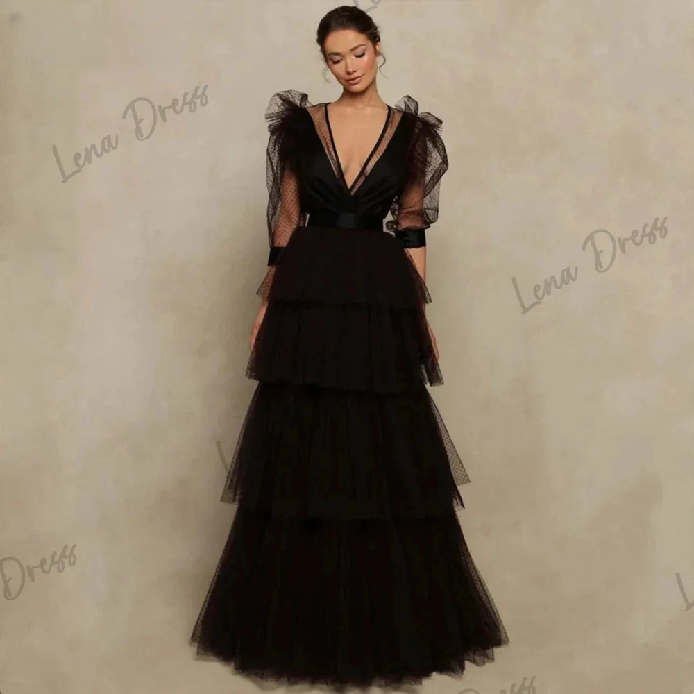 

Lena-Mysterious Ball Dress 2024 V-neck Multi layer Bubble Sleeve Black Evening Dress Robe De Soiree