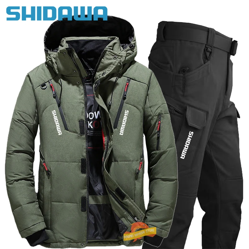 Men's Winter Fishing Suit, Goose Down Jacket+Tactical Pants Fishing Set, Warm Snow Skiing, Mountain Climbing, Hunting Sportswear