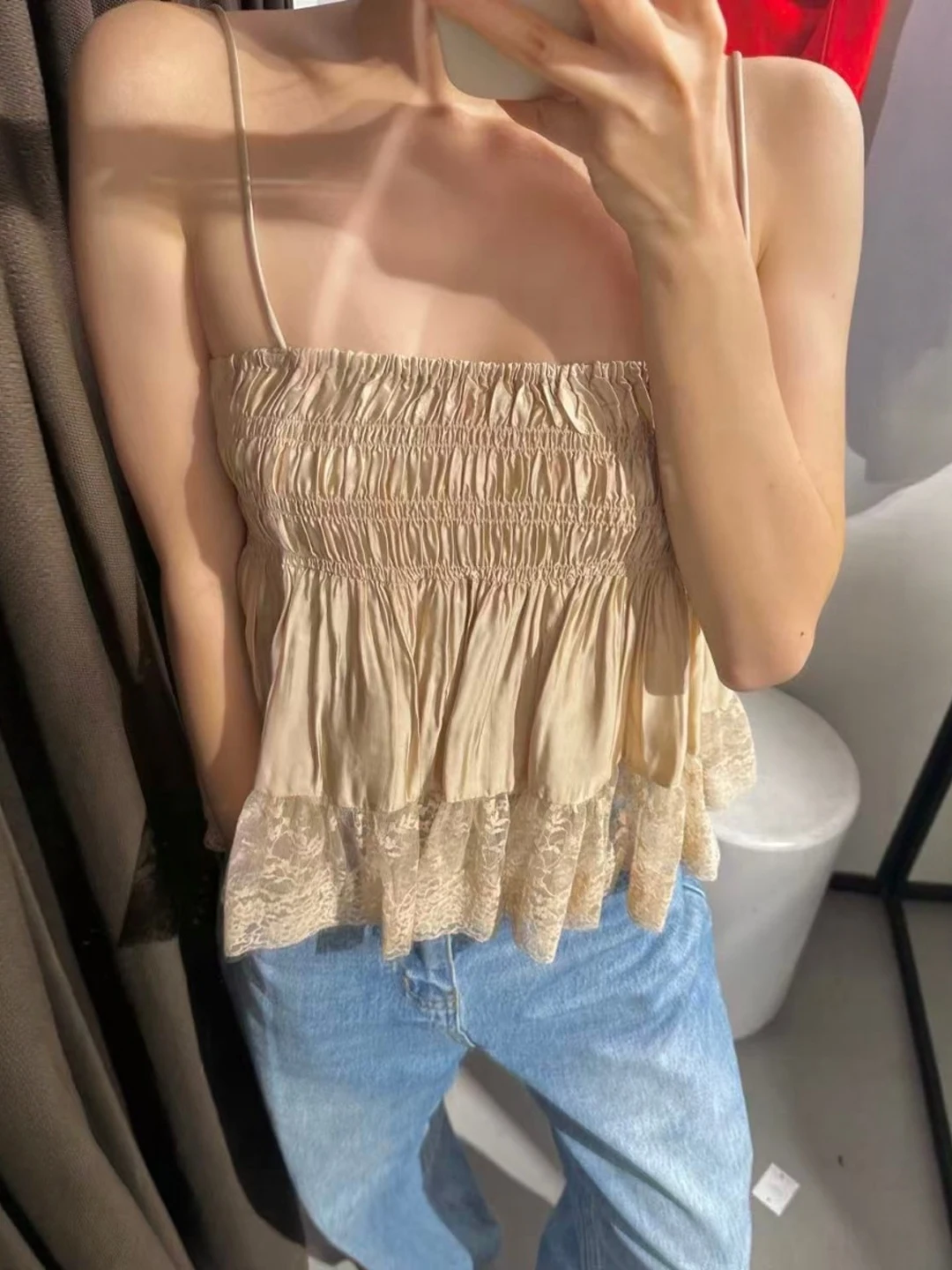Women's Lace Silk Satin Shiny Atmosphere Folded Top Fashionable Loose Fit Summer Outerwear Casual Comfortable Breathable