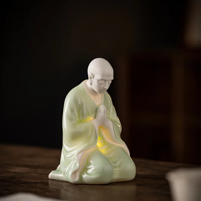 

b7-purple clay little monk figurine - zen ceramic character, novitiate, living room desktop ornament, fish tank landscape