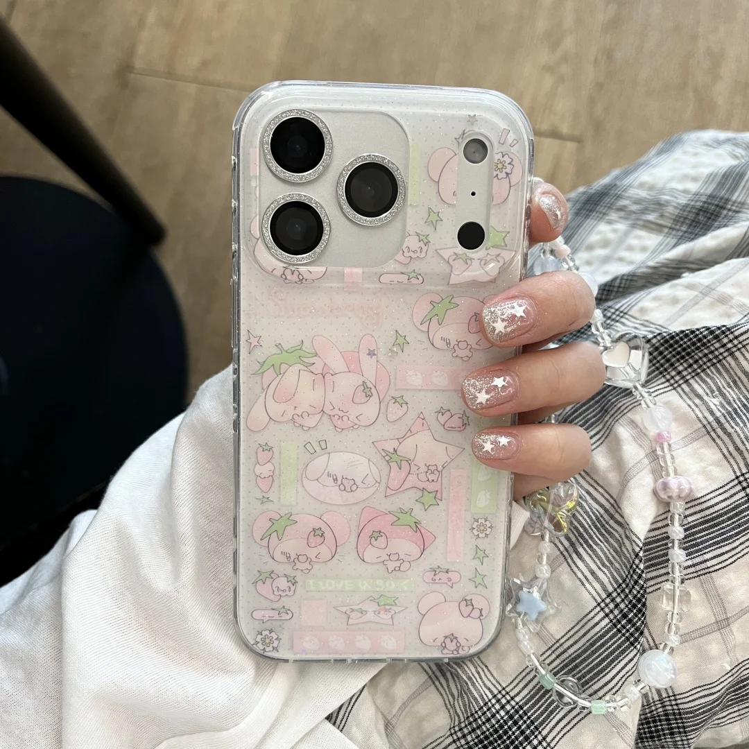 

Korean Cute Retro Strawberry Rabbit Phone Protection Case For iPhone 14 15 16 17 Pro Max 16 Plus Cartoon Pink Bunny soft Cover