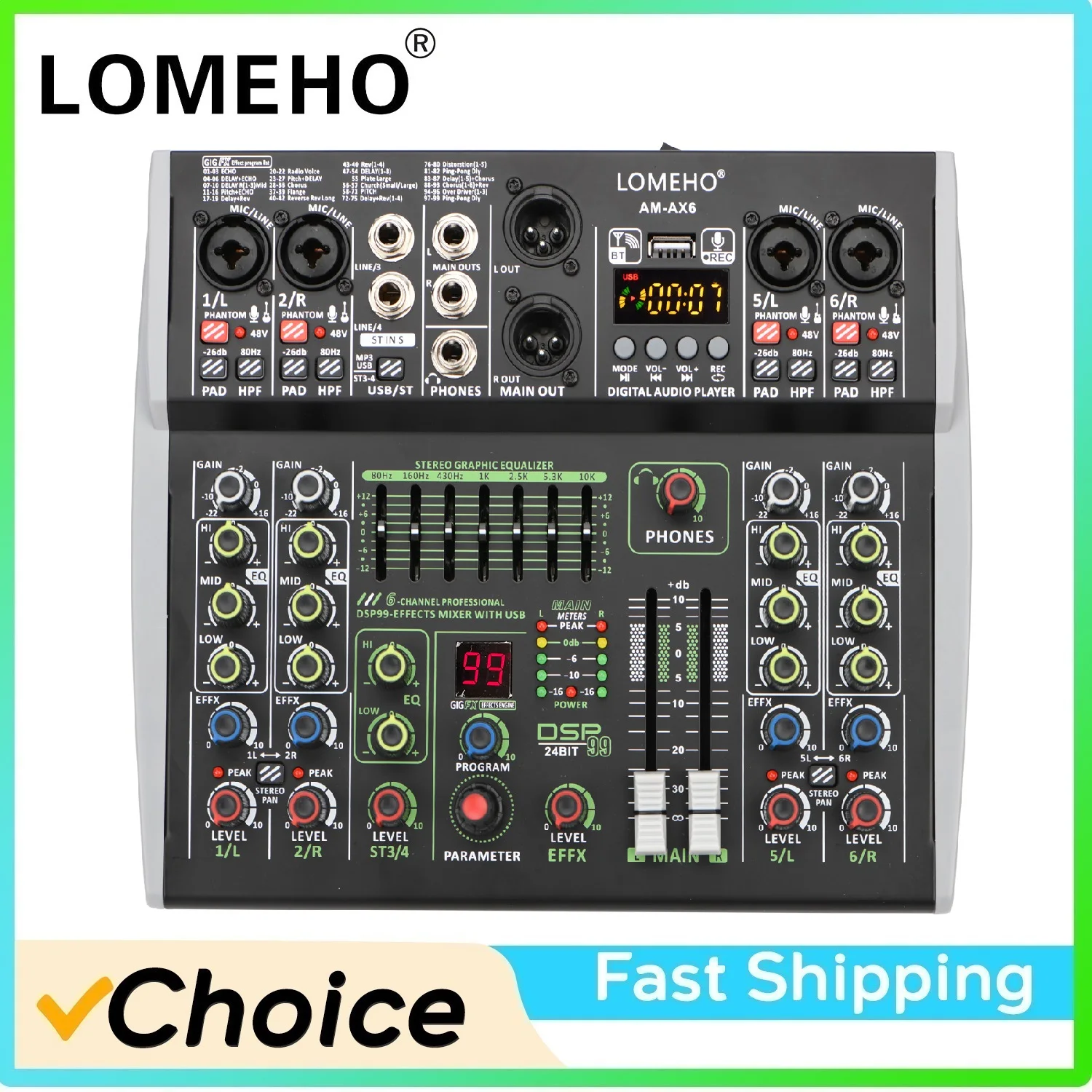 LOMEHO Mini 6 Channel Mixing Console Bluetooth Audio Sound Mixer 48V 99 DSP Table Professional USB PC Play Record Karaoke AM-AX6