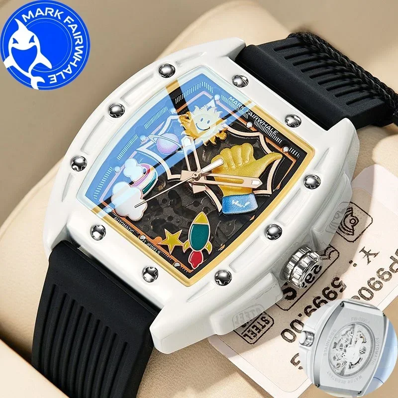 MARK FAIRWHALE Man Automatic Watch Personalized Fun Cool Graffiti Dial Rubber Strap Waterproof Mechanical Watches For Men