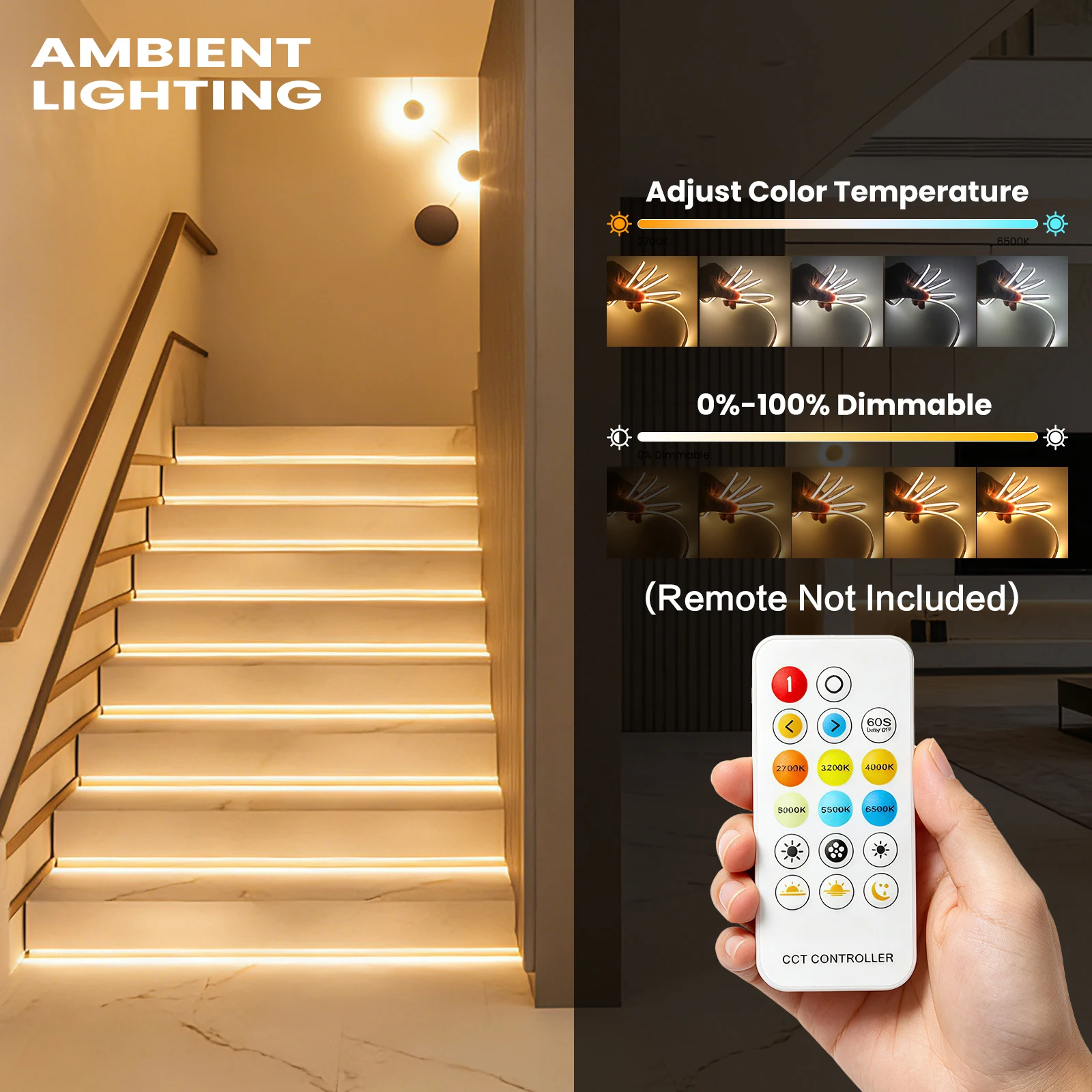 CCT COB LED Strip Lights 24V 480 LEDs/M 2700K to 6500K High Density Dimmable Ribbon Tape Dual-Color for Home Room Lighting 1-10M