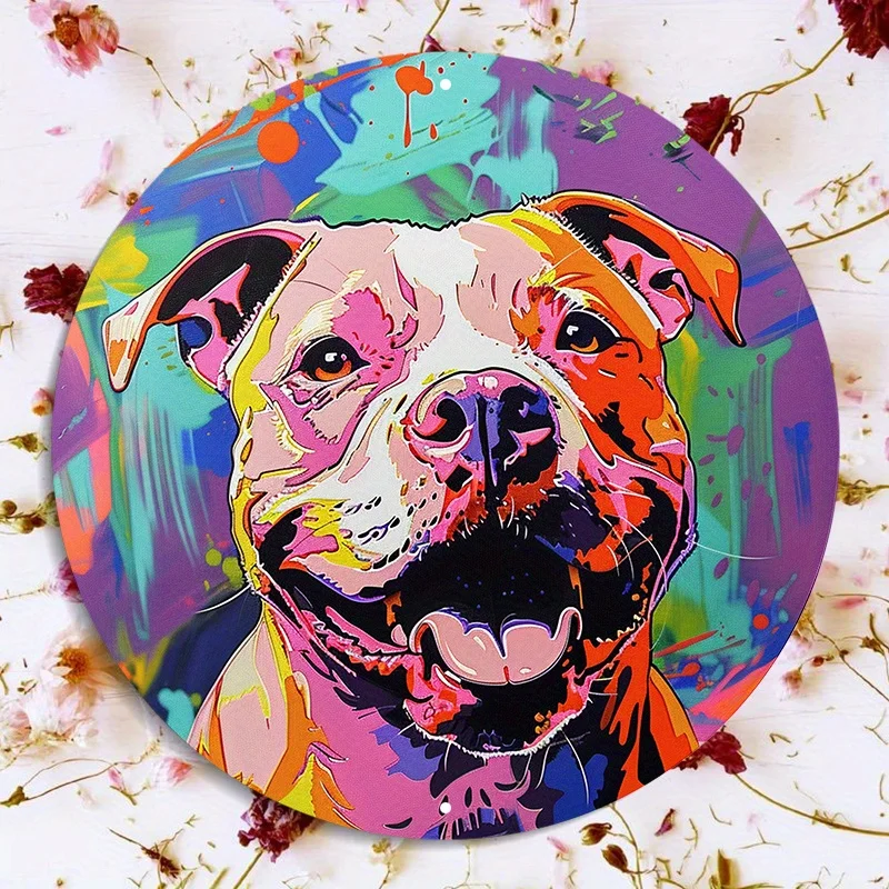 Colorful Pop Art Pit Bull Portrait Round Metal Sign, 2D Flat Printed Vibrant Graffiti Style Dog Art Tin Plaque, Bold and Bright