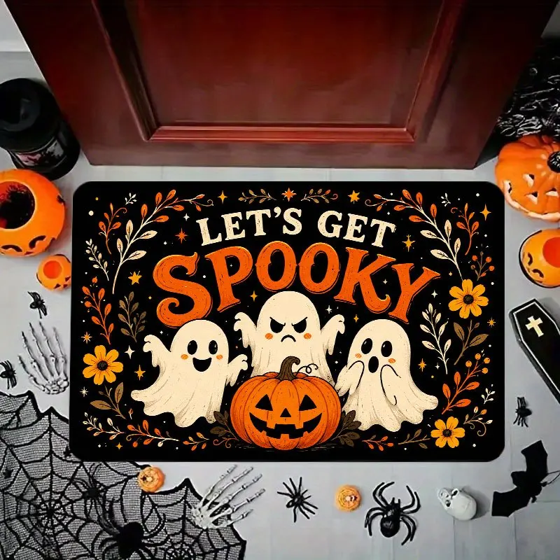 Happy Halloween Doormat Ghost Pumpkin Skull Witch Hat Spider Web Bat Maple Leaf Print Indoor Entry Decor Floor Rug