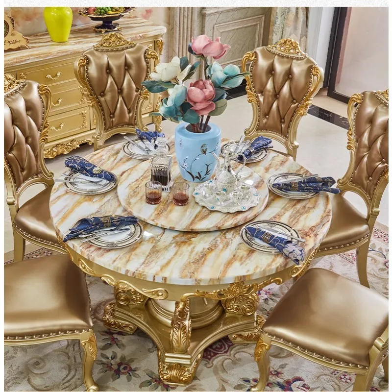 European marble dining table and chair combination round gold all solid wood dining table hotel with turntable small apartment d