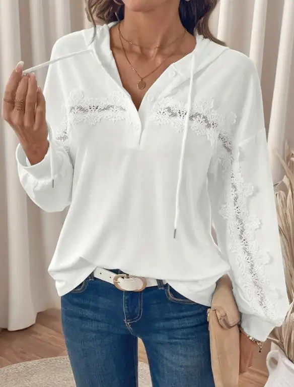 خريف جديد بلون الدانتيل المرقعة مقنعين البلوز للنساء، عصرية وعارضة الدانتيل يصل بأكمام طويلة مقنعين الأعلى #6