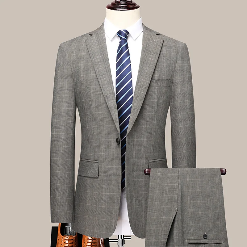 2024 New Fashion Business Casual Suit (suit + Trousers) Wedding Trend Checkered Handsome Boutique Two-piece Set   Polyester