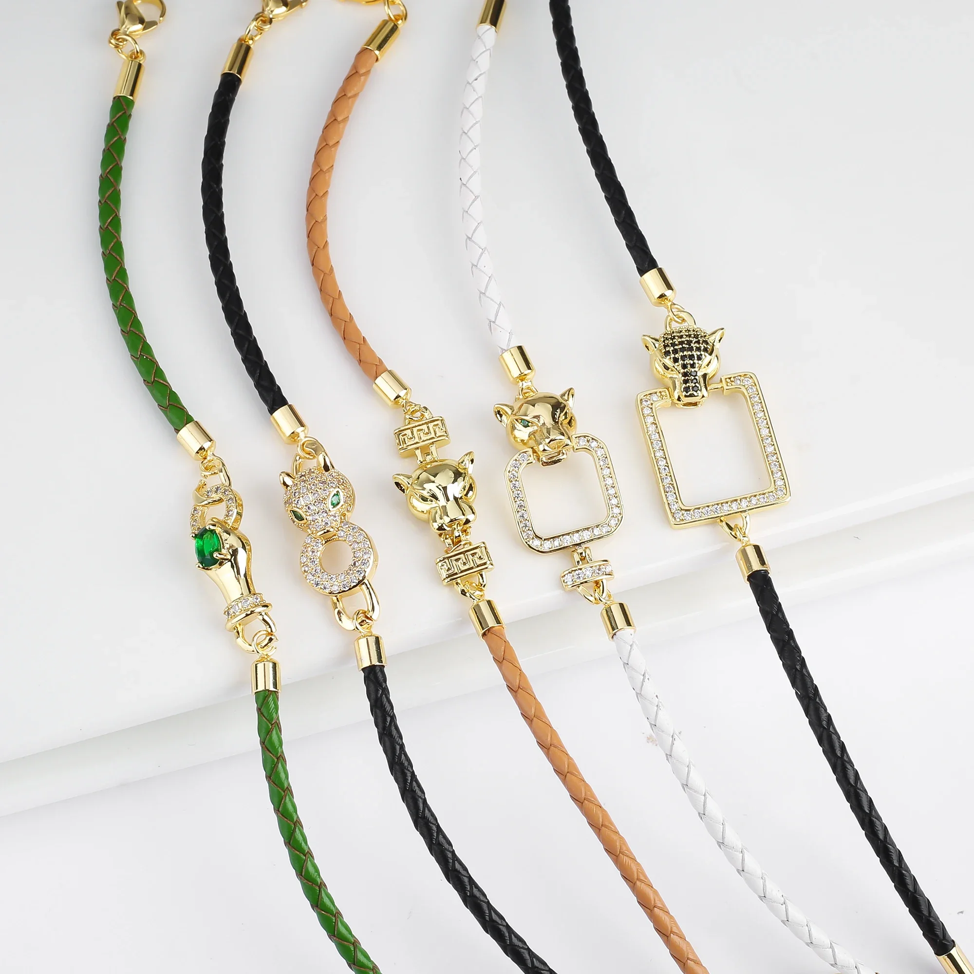 New Punk Style Leopard Head Zirconia Leather Rope Bracelet Fashion Men Women Animal Senior Jewelry Couple Party Gift Accessories