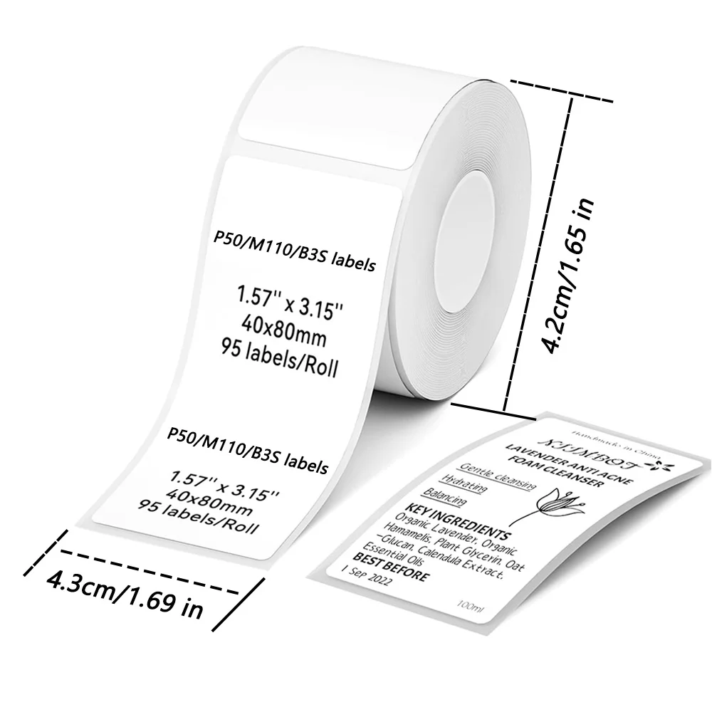 1~6Rolls P50/M110 Labels 1.57' X 3.14' (40mm X 80mm) Label Sticker Paper Compation Phomemo M110/M120/M220/M200 Thermal Labels-St