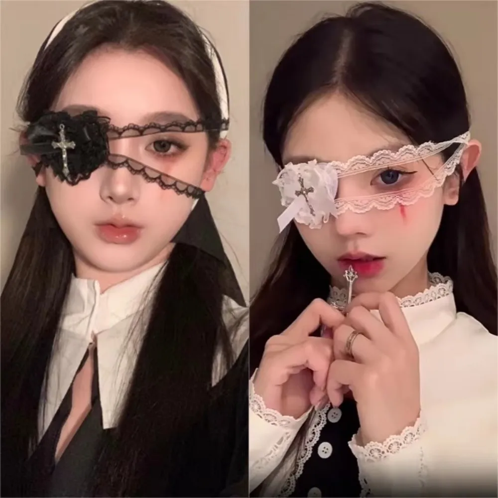 Gothic Style Lace Bows Heart Cross Eye Mask Black White Sweet Cool Lolita Cosplay Eye Patch Cloth Punk Cross Lace Eye Mask Party