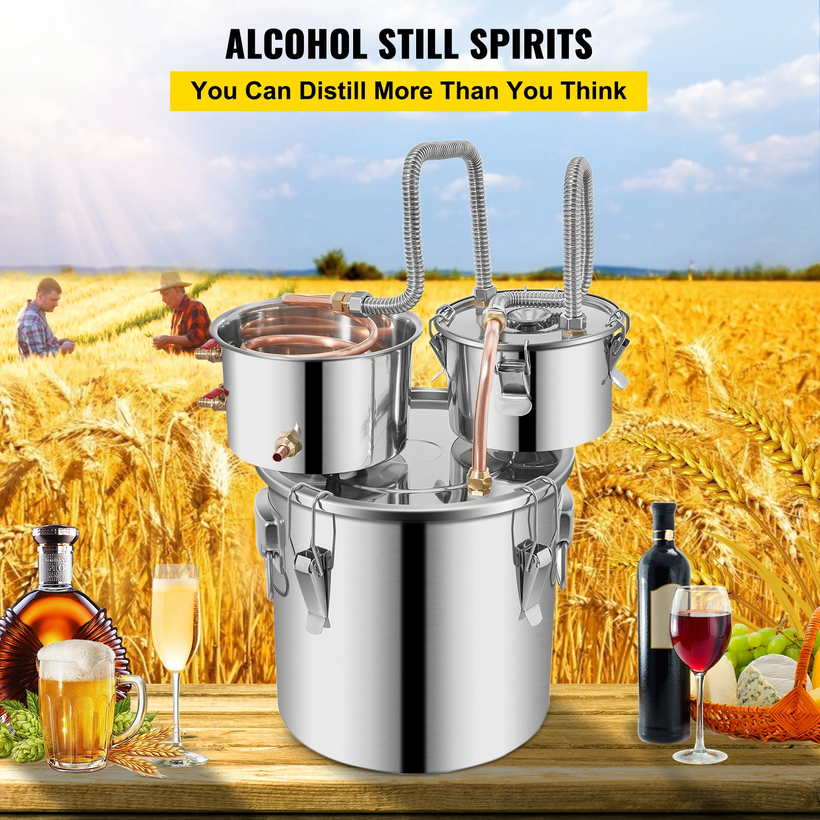 Alcohol Still, 5 Gallon, Stainless Steel Alcohol Distiller with Copper Tube & Build-in Thermometer & Water Pump, Double Thumper Keg Home Brewing Kit, Designed for DIY Whiskey Wine Brandy