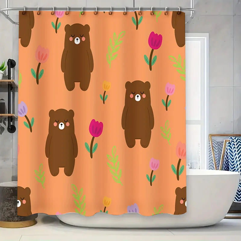 

Adorable Brown Bears Flowers Orange Shower Curtain Bathroom Decor Set Perfect Gift for Kids Room