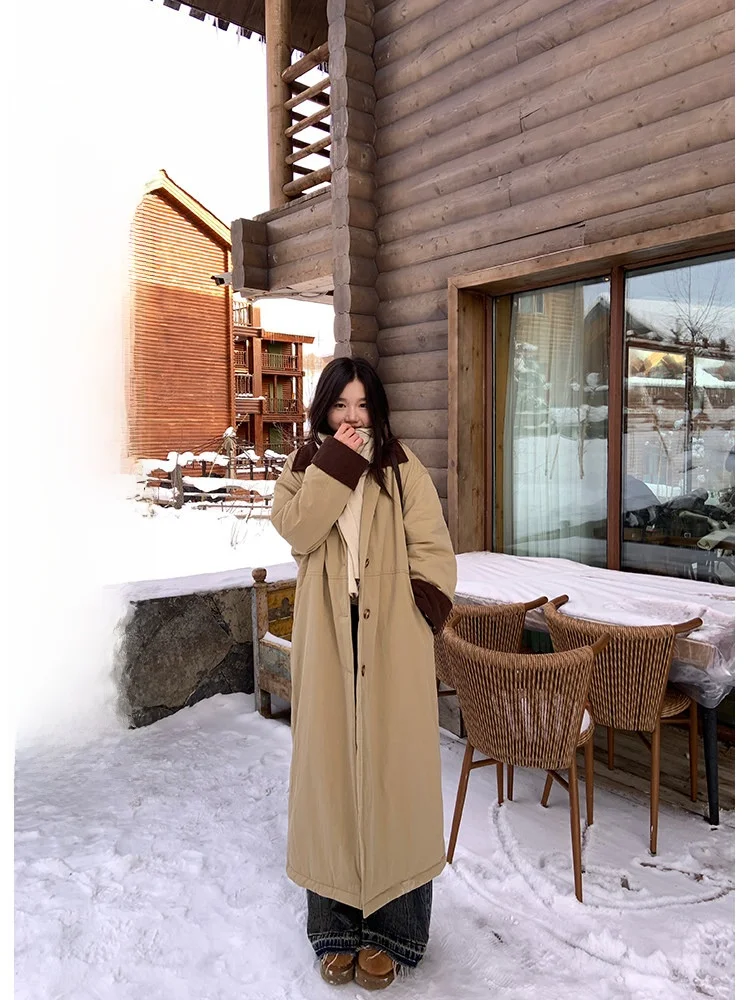 

Khaki Color Women's Cotton Jaet Long Sle Korean Version Loose Fit Winter Coat Pure Color Commute Single Button Thiened