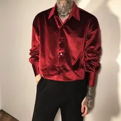 Camisa vermelha vinho cetim masculina, lapela, manga longa, roupa vintage, casual, solta, chique, tops versáteis, moda streetwear, primavera, verão