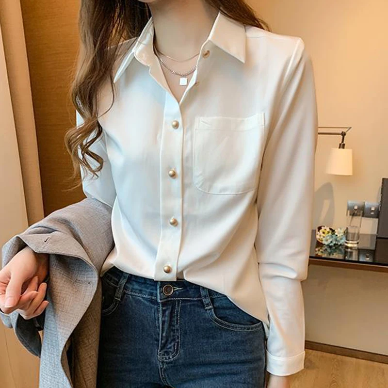 White Chiffon Office Women Shirts Korean Elegant Pearl Loose Long Sleeve Female Blouse Autumn New Pocket Chic Ladies Casual Tops