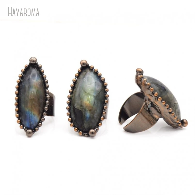 10Pcs Wholesale  Antique Bronze Color Tin Gray Moonstone Labradorite Vintage Style Handmade Soldered Free Form Ring RM43724