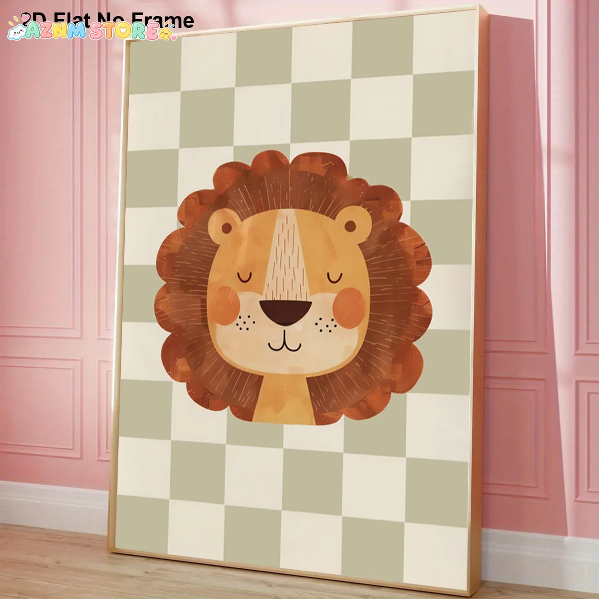 2027,  Frameless 2D Canvas Poster Featuring an Adorable Cartoon Lion'S Face with a Mane Set Against a Checkerboard Backdrop,