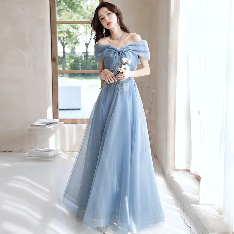 Elegant Beaded Sequins Bow One ไหล่ผู้หญิงชุดราตรี A-Line Tulle ปาร์ตี้ชุดราตรี Vestidos De Fiesta