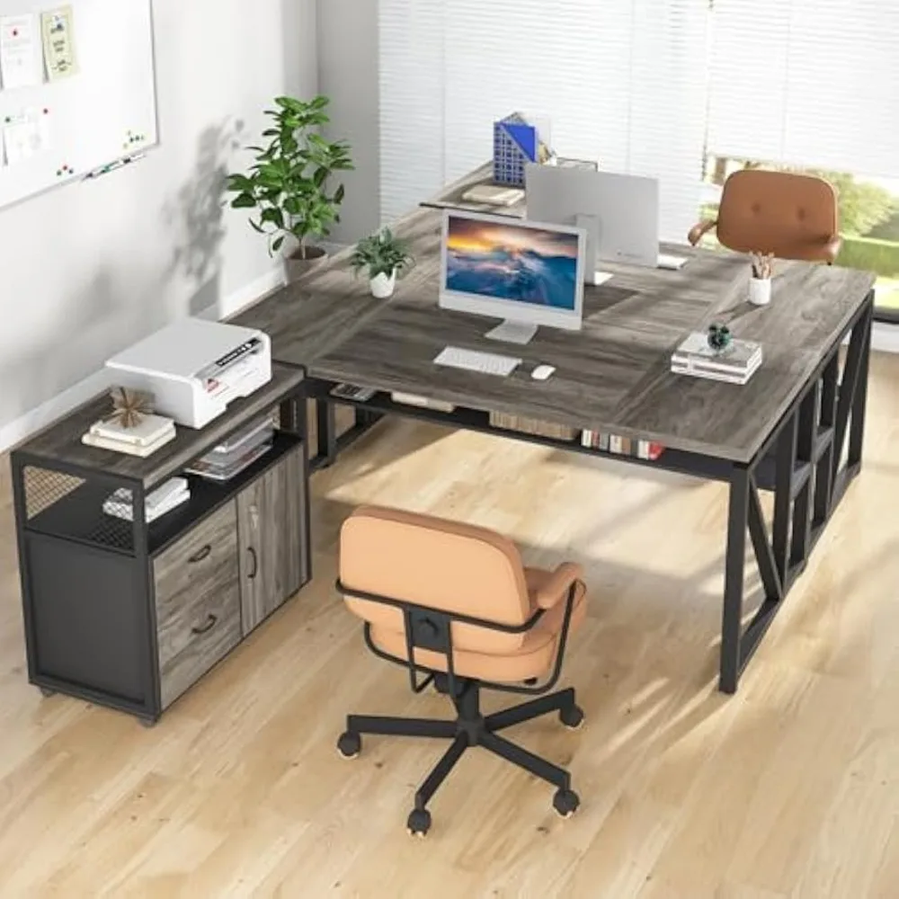 Office Desk with Drawers,55 inches L Shaped Computer Desk with Storage Shelves and Mobile File Cabinet, Executive Desk