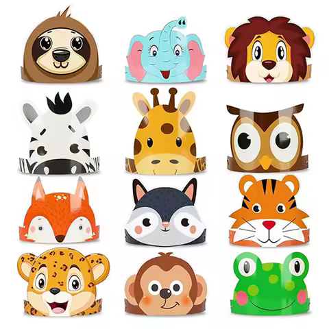 12pcs Jungle Safari Hat Kids Birthday Crown Hat Children's Birthday Party Masks Jungle Wildlife Birthday Party Games Photo Mask