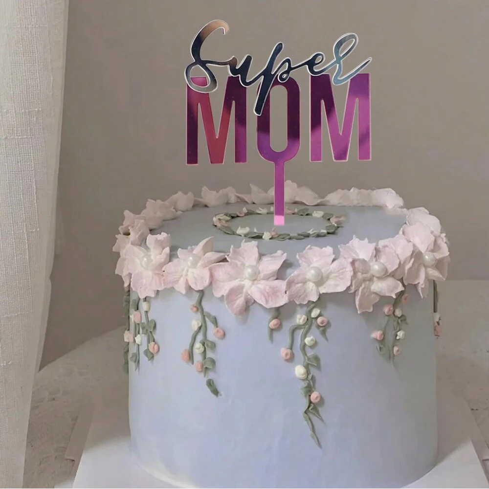 5pcs Happy Mother\'s Day Cake Toppers Acrylic Mirror Pink Cupcake Topper Heart Best MOM Party Cake Dessert Decorations