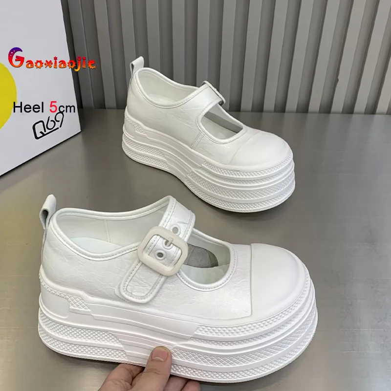 

Весенне-осенние белые женские туфли на толстой подошве, каблук 5 см, круглый носок, с ремешком и пряжкой, повседневные туфли-лодочки на плоской подошве из канваса