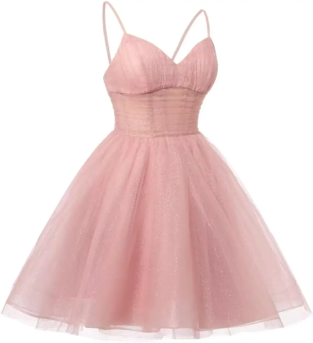 

Spaghetti Short Homecoming Cocktail Dress for Women Glitter Mini Short Tulle Party Dress Formal Gown Graduation Dress
