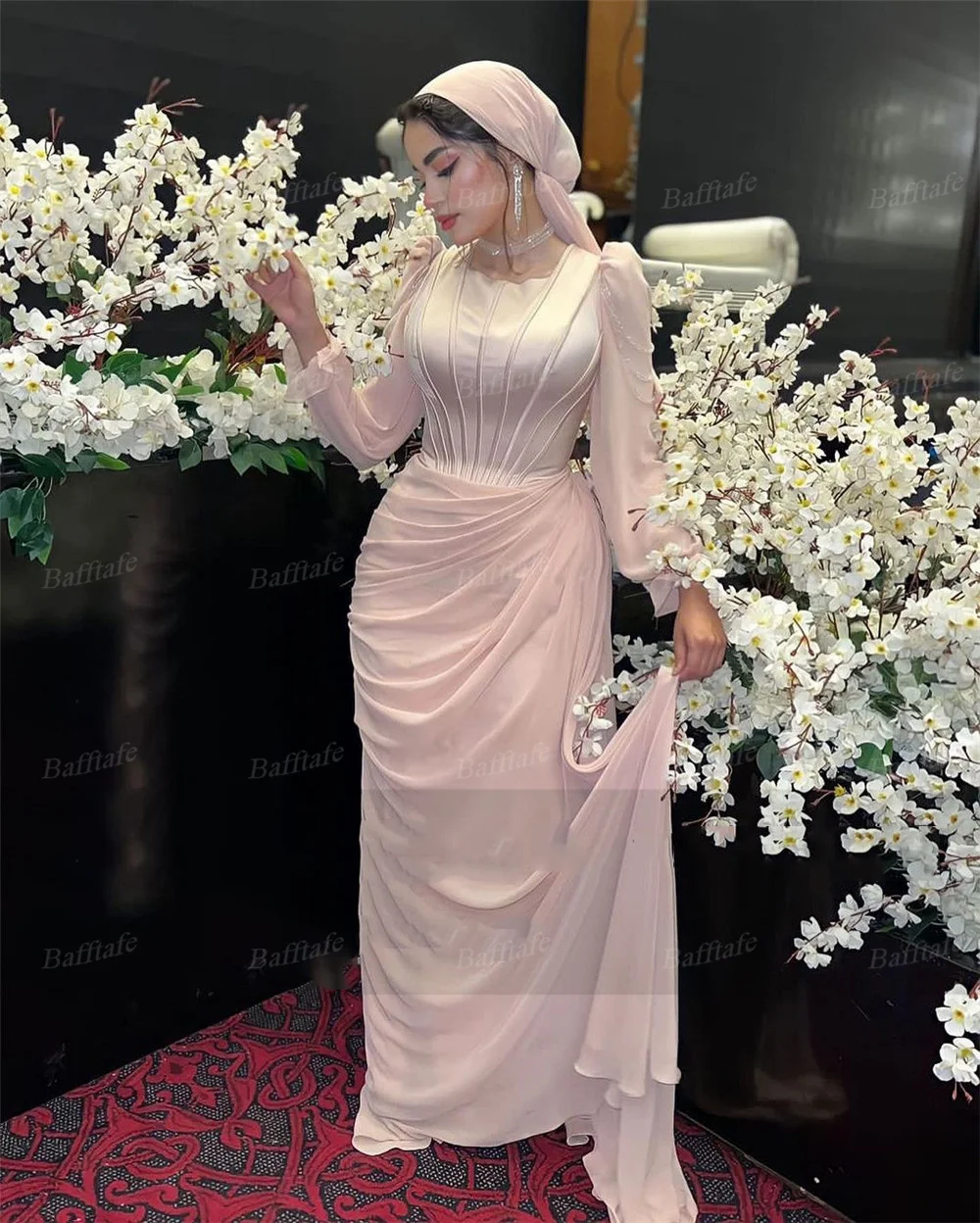 Bafftafe Modest Long Sleeves Chiffon Women Prom Dresses Saudi Arabia Customized Bones Special Evening Dress Formal Party Gowns