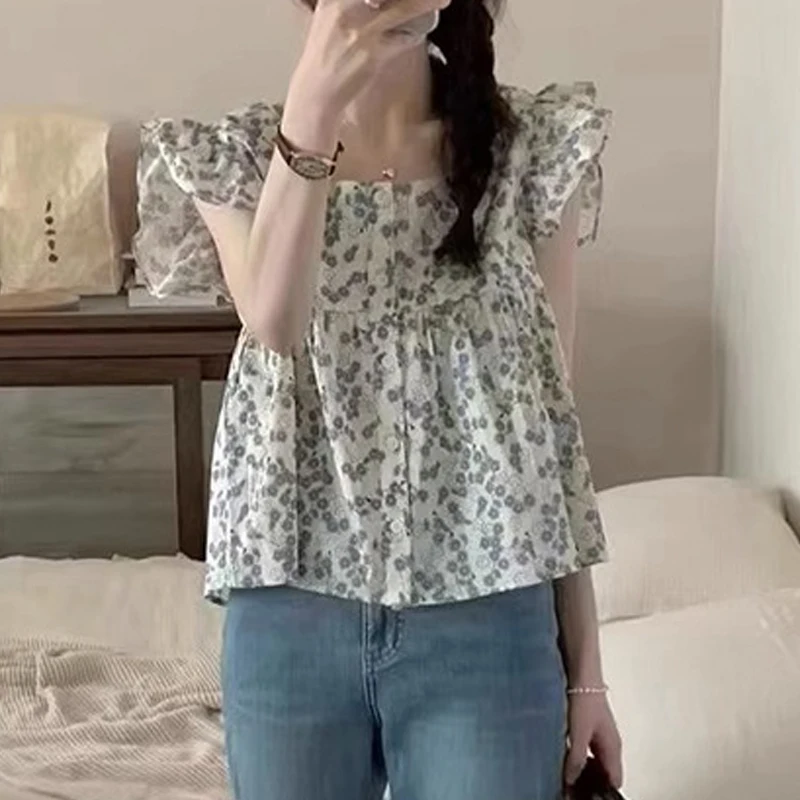 Women Trendy Floral Print Ruffle Sweet Kawaii Blouses 2024 Summer Casual Square Collar Y2K Shirts Female Short Sleeve Loose Tops