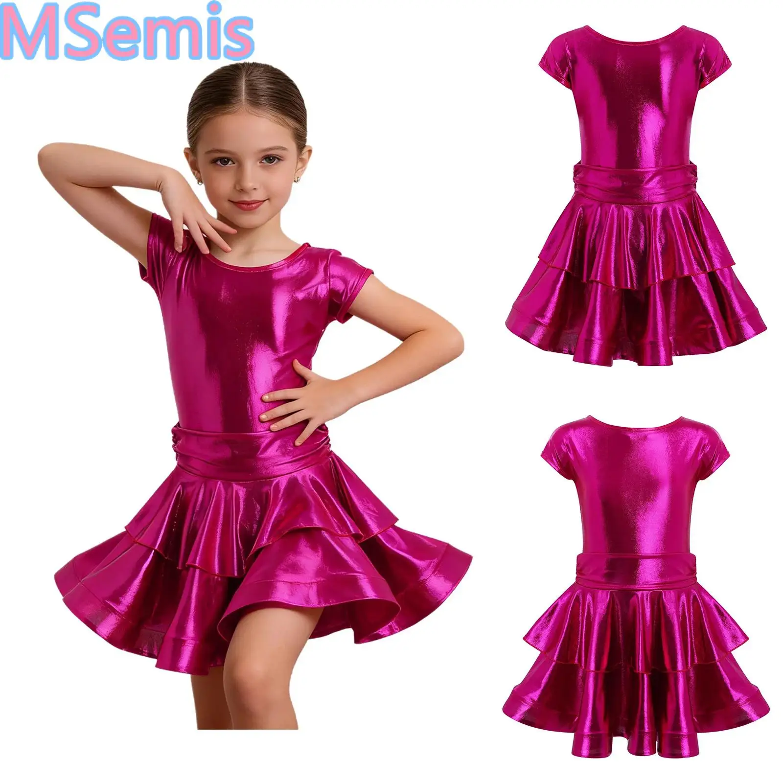

Kids Girls Latin Rumba Dance Performance Costume Metallic Disco Dancewear Sleeveless Tiered Ruffled Dress with Built-in Briefs