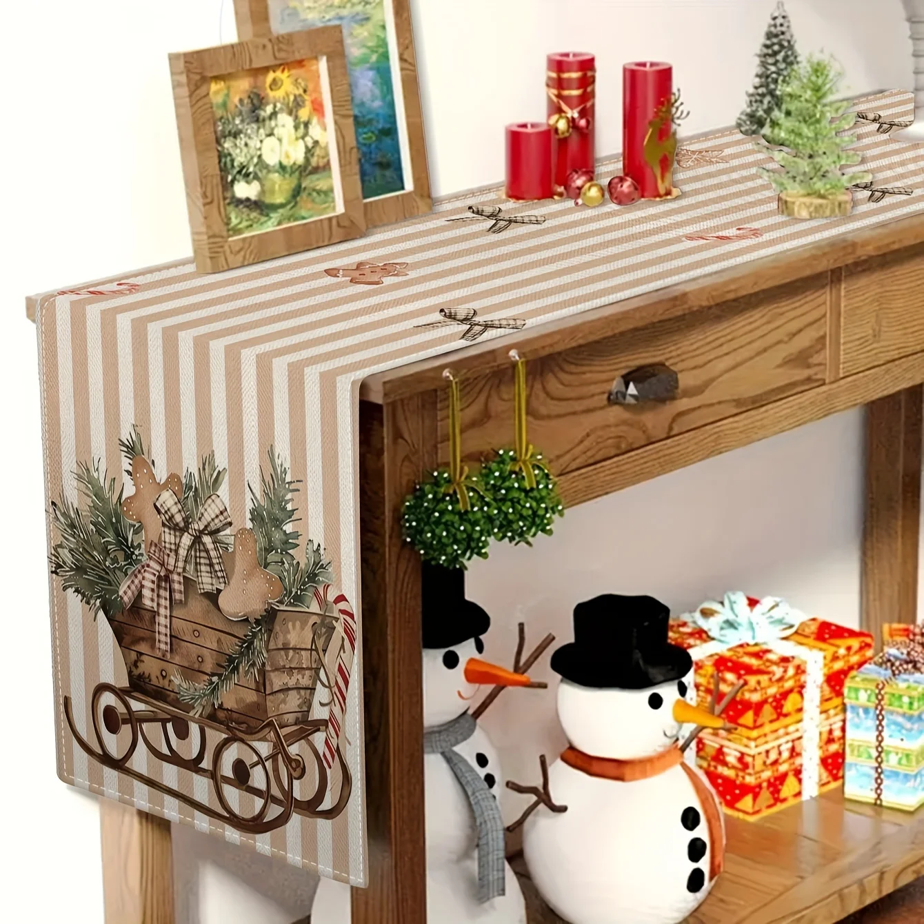 1PC Retro Christmas Carriage Tablecloth Rectangular Design with Santa Reindeer Festive Home Decor for Holiday Party Accessories