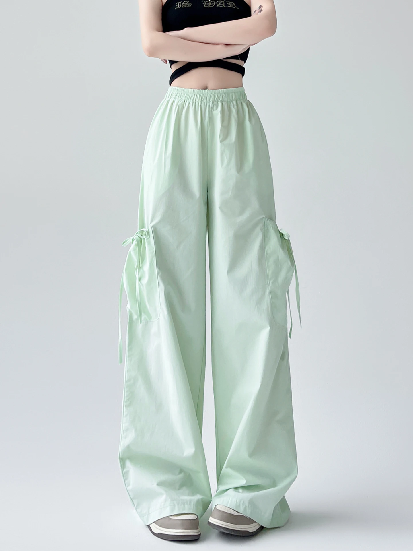 

High Waist Straight Leg Ice Silk American Style Quick Dry Wide Leg Pants Women's Summer Small Size Elastic Waist Slimming Tro...