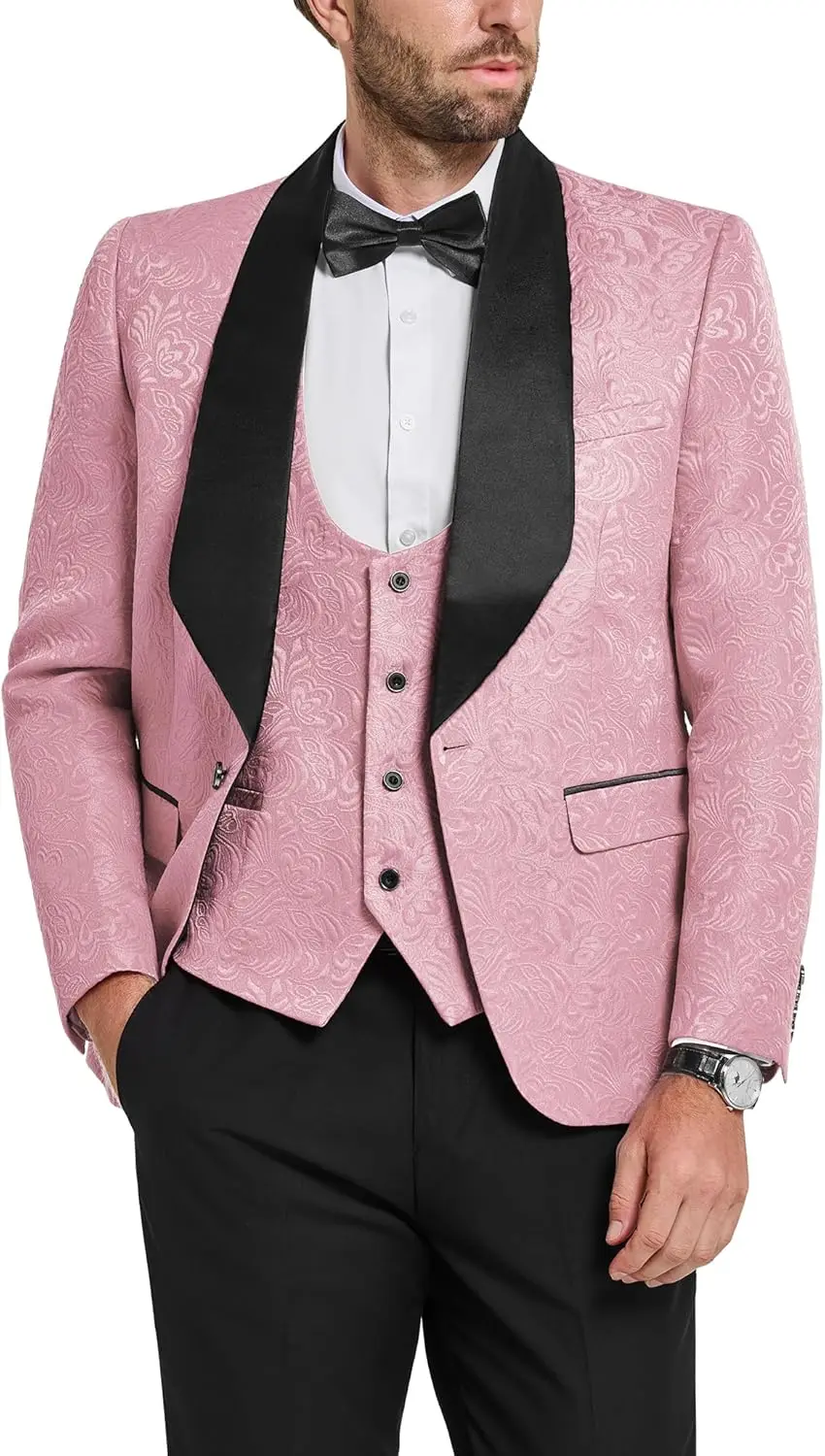 

Satin Lapel Pink Jacquard Full Men's Suits 3pcs Blazer Vest Pants Formal Wedding Party Groom Tuxedo Luxury Suit Male