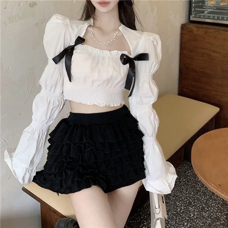 Blouses Women Cropped Long Sleeve Solid Bow Sweet French Style Lovely Slim Elegant Retro Design Spring Holiday College Tops New