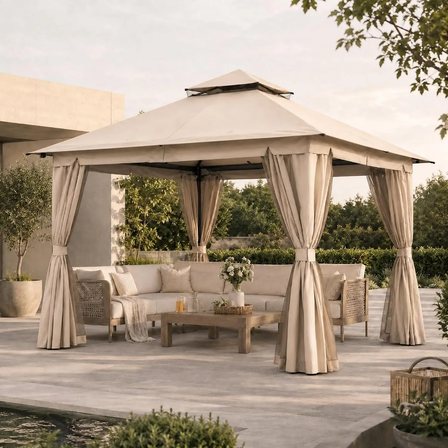 10'x10' Outdoor Gazebo, Heavy Duty Metal Patio Canopy Tent Shelter with Double Roof, Mosquito Netting & Privacy, Customized