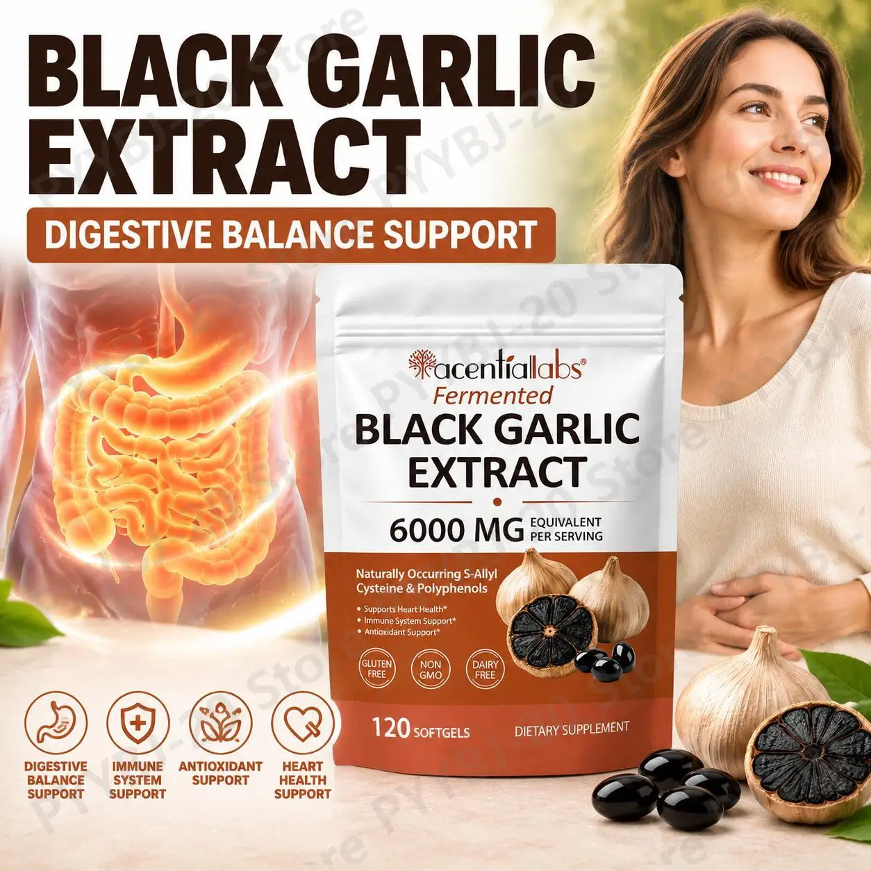 Acentillabs Fermented Black Garlic Extract Softgels 6000mg with Daily Antioxidant Support & Immune System Support - 120 Softgels