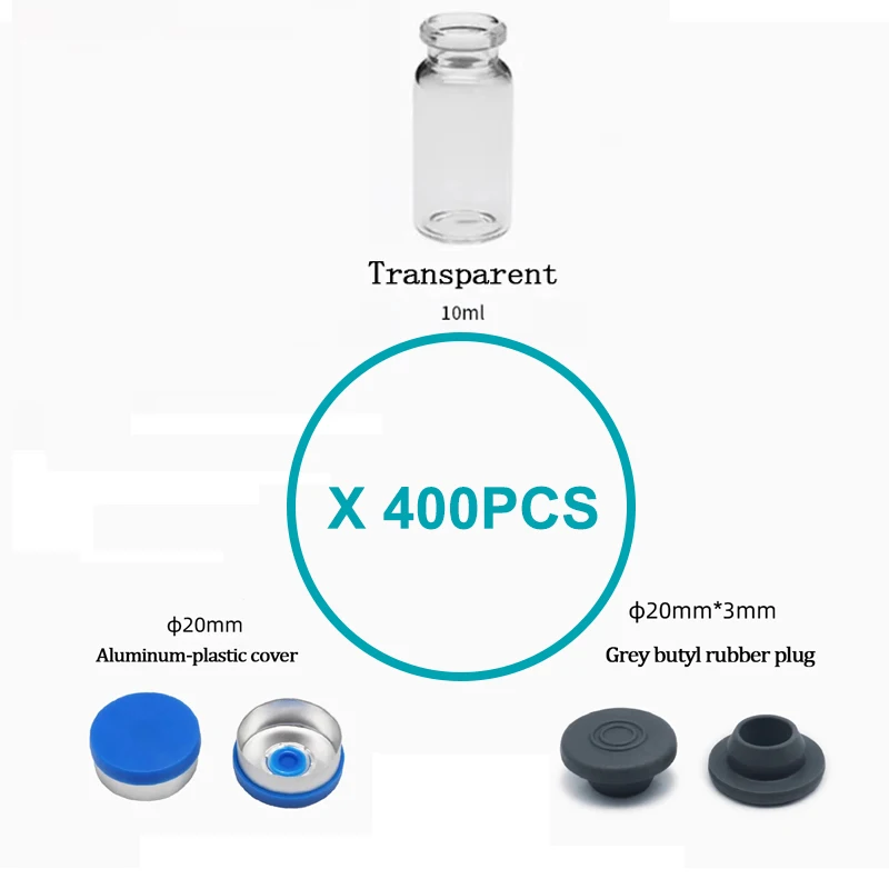 

400 шт., бутылка из боросиликатного стекла с зажимом для головы, 10 мл, прозрачная алюминиевая пластиковая крышка, серая бутилкаучуковая заглушка