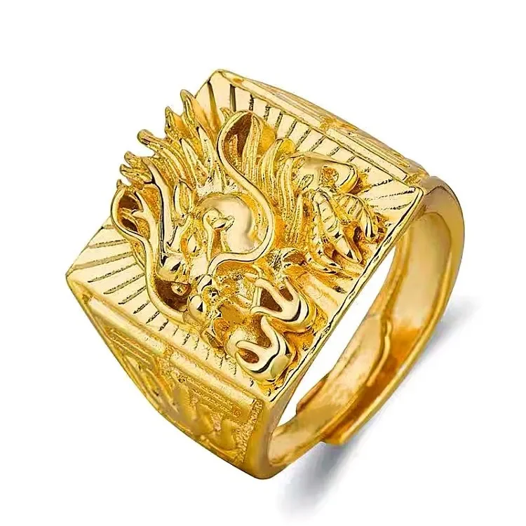 Real 100% Gold Embossed Dragon Ring for Men, Pure 24K Gold Better Thick Rings for Women Man Fashion Wedding Party Charm Jewelry